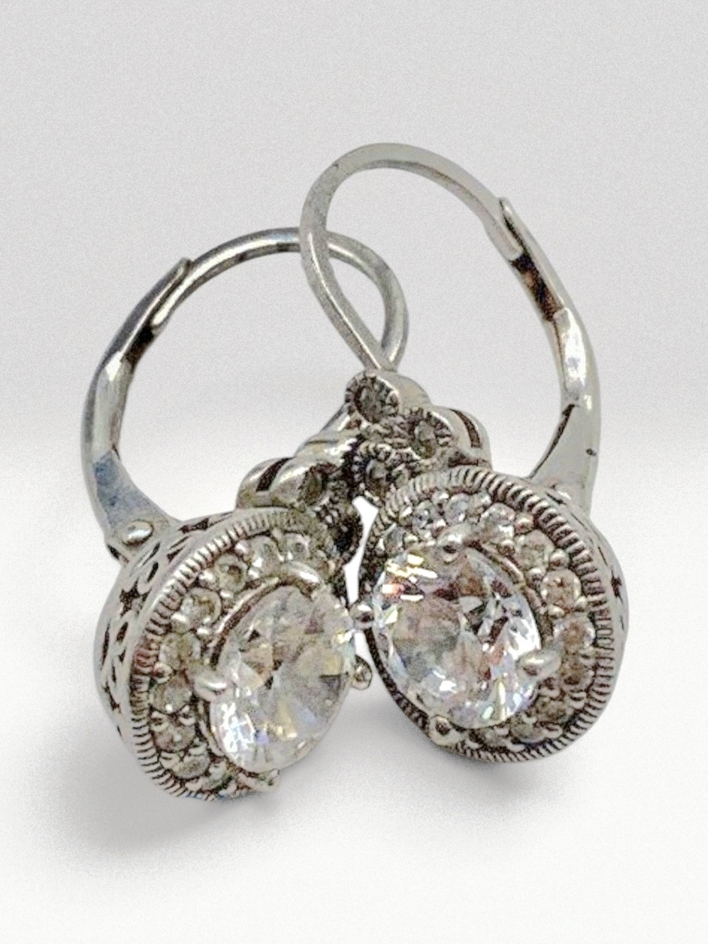 π 925 Sterling Silver CZ Diamond Halo Lever Back Drop Earrings Art Deco - Picture 4 of 15